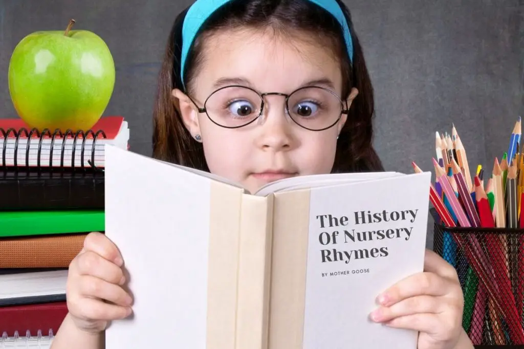 girl reading book with title The History of Nursery Rhymes by Mother Goose