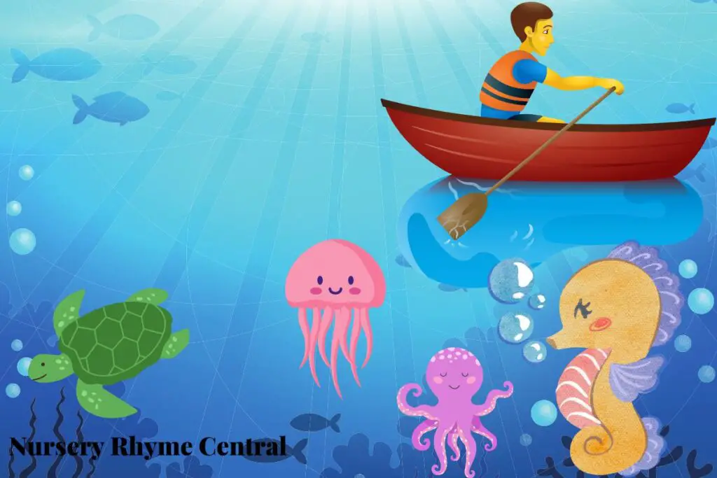 Man on boat in ocean with jellyfish, octopus, sea turtle and seahorse