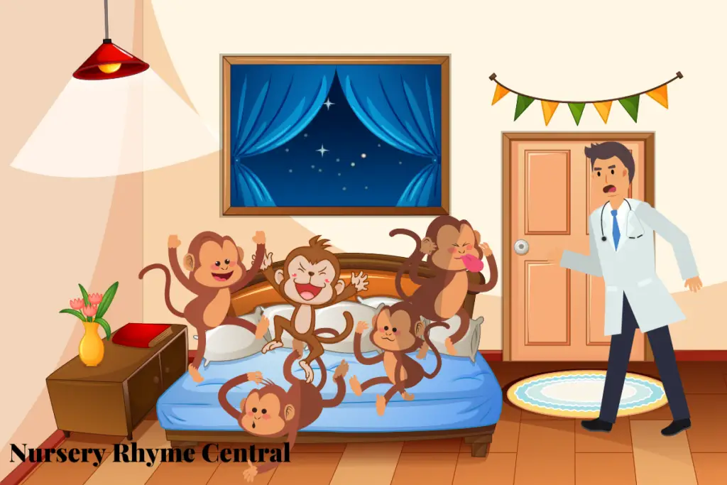 animation picture of monkeys on a bed and a doctor