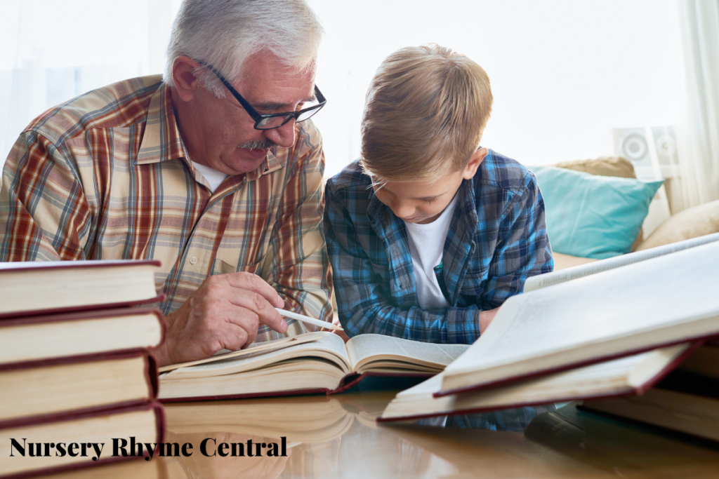 Grandfather and Boy looking through encyclopedias together