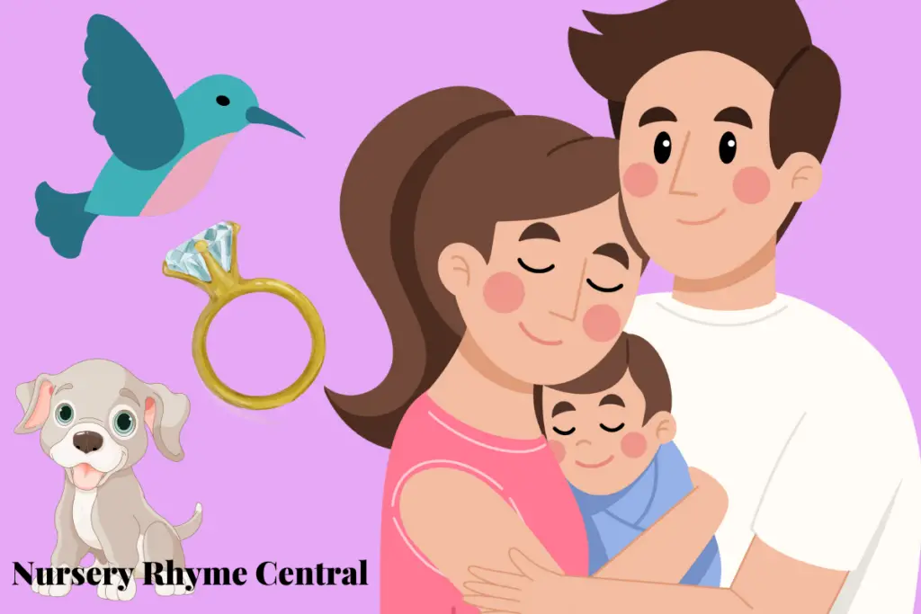 Animated image of father, mother and bay hushing them to sleep  with a mocking bird, diamond ring and puppy