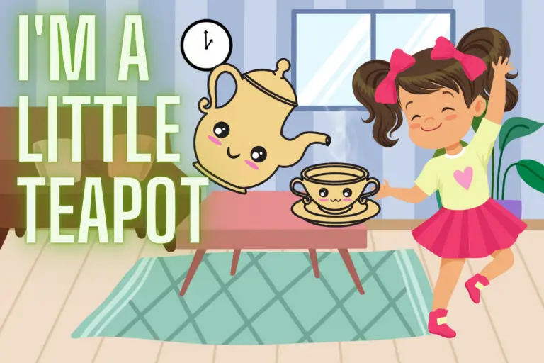 Title I'm a Little Teapot with Animated Image of a teapot and cup and a little girl dancing
