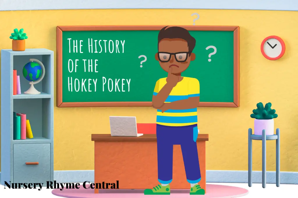 Boy standing in a classroom thinking with question marks about the history of the Hokey Pokey