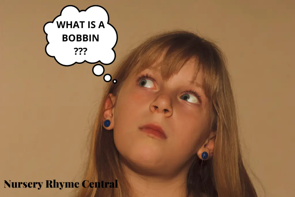 picture of a girl with a thought bubble saying, what is a bobbin