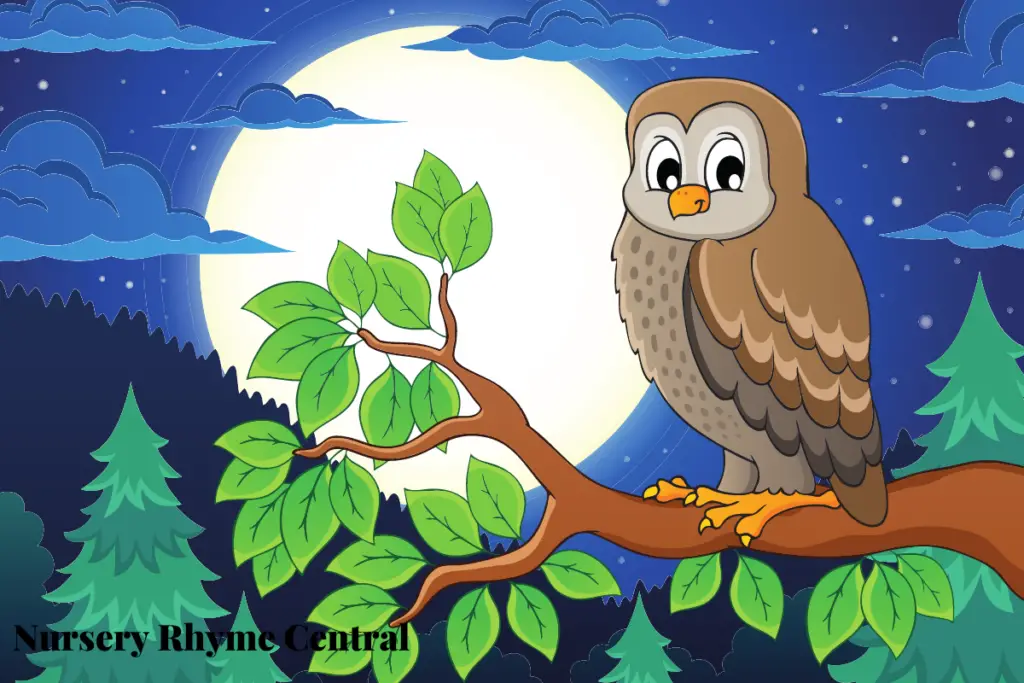 An animated owl sitting on the branch of a tree with the moon in the background