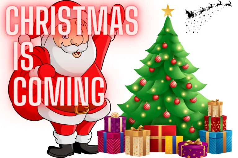 animation picture of Santa standing next to a Christmas tree with gifts