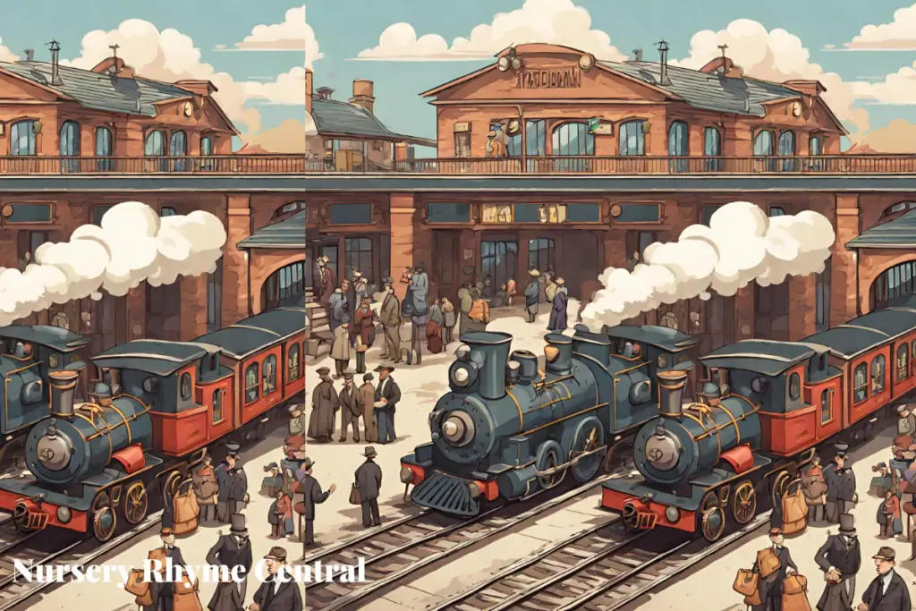 Animated picture of a train station with steam trains teeming with travellers