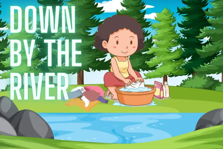 animation picture of a girl washing clothes by a river